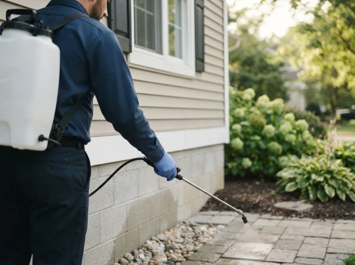 Pest control technician inspecting a home in Caseville, MI
